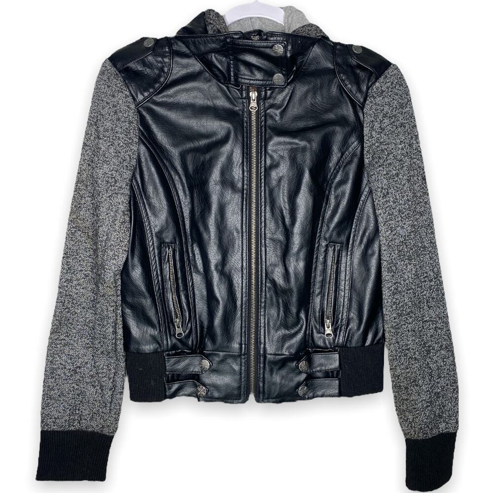 Miss London Fog Faux Leather Hooded Bomber Jacket